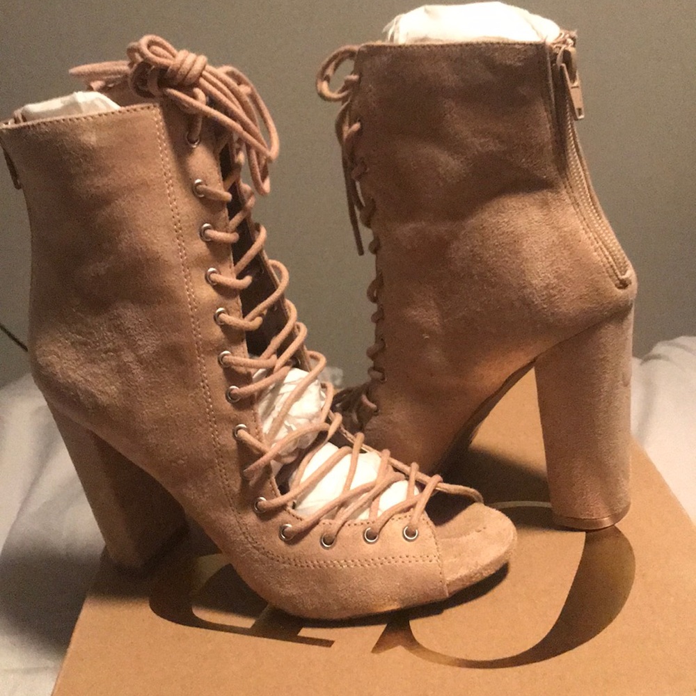 Lace up tan suede booties